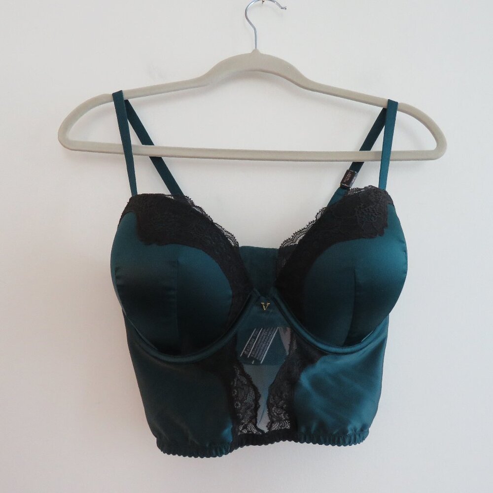 VICTORIA'S SECRET Very Sexy Push Up Corset Bra Green Satin Lace - Size 34DD NWT - Picture 3 of 16